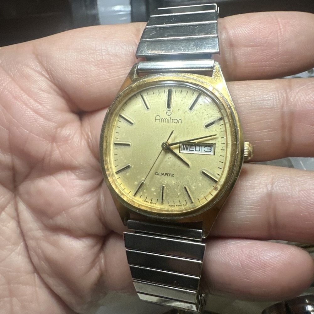 Works Vintage Armitron Mens Watch 34mm Gold Tone Quartz -"Day/date Needs Repair"